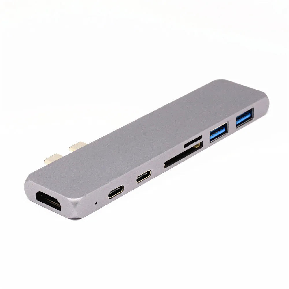 Dual Type-C hub T-808 seven-in-one docking station with HDMI 4K and USB-C PD charging in silver