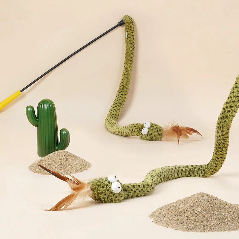 Green feather cat teasing stick toy with long 140 cm pole for interactive play.