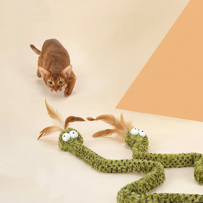 Green feather cat teasing stick toy with long 140 cm pole for interactive play.