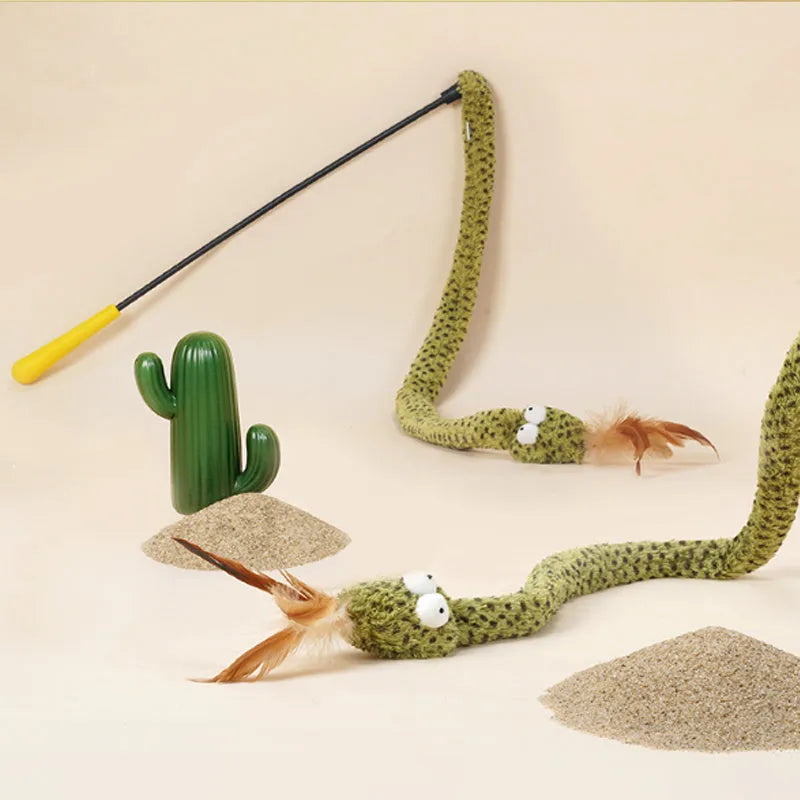 Green feather cat teasing stick toy with long 140 cm pole for interactive play.