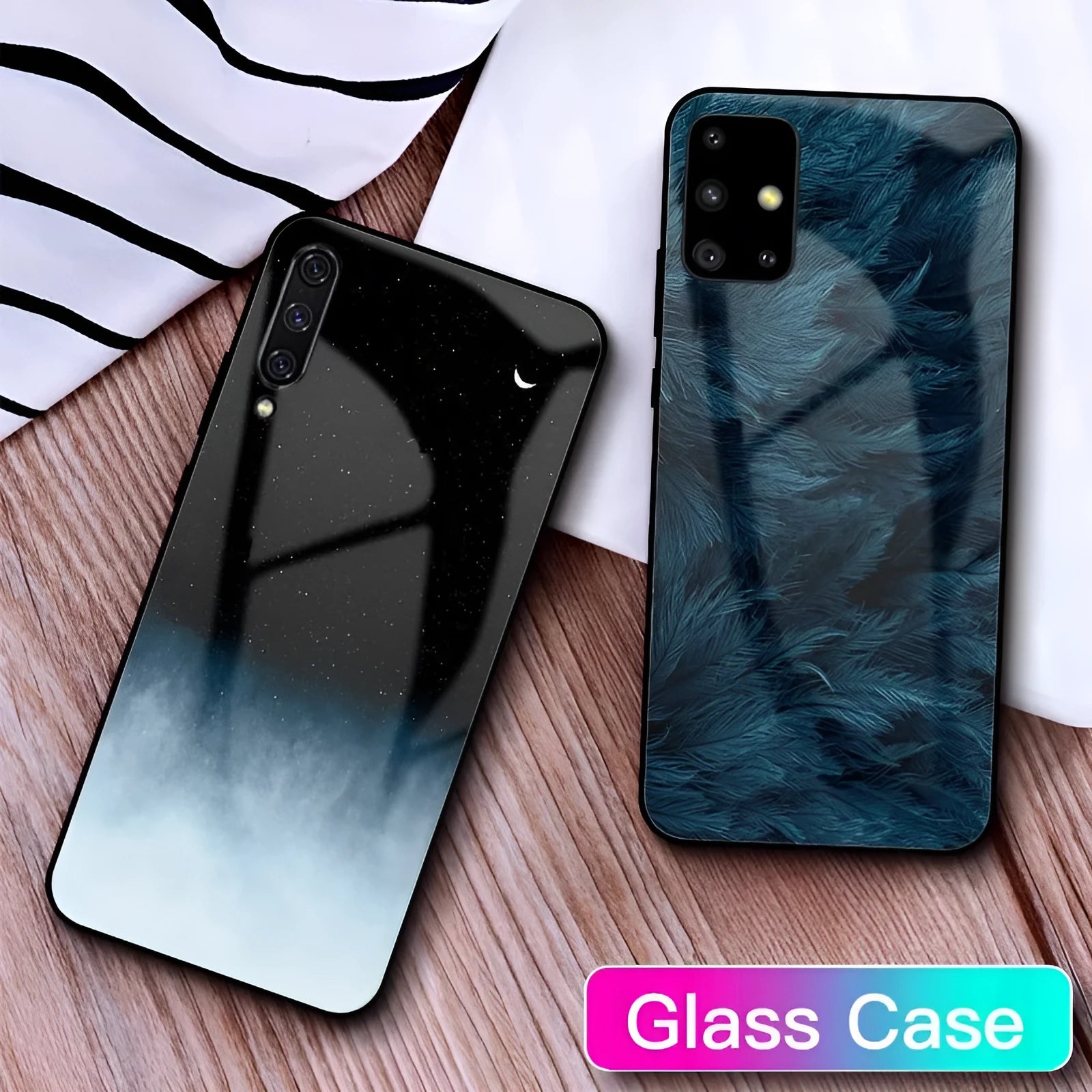 Slim black silicone phone case shown next to a navy blue version for Samsung and iPhone models.