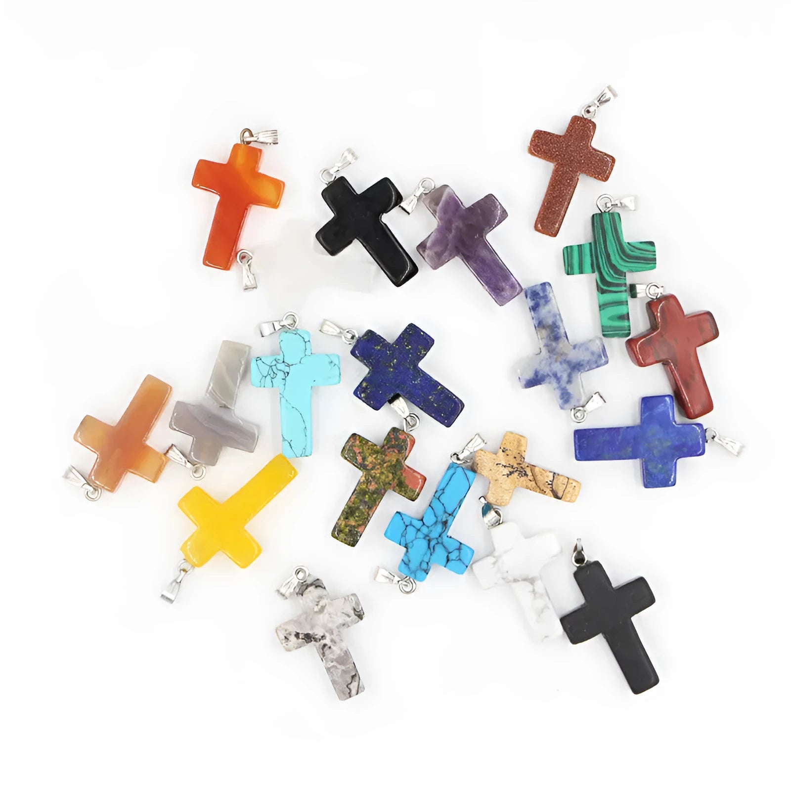 Natural stone cross marble pattern crystal pendant necklace in retro geometric shape, available in 25 colours, with alloy setting and snake bones chain