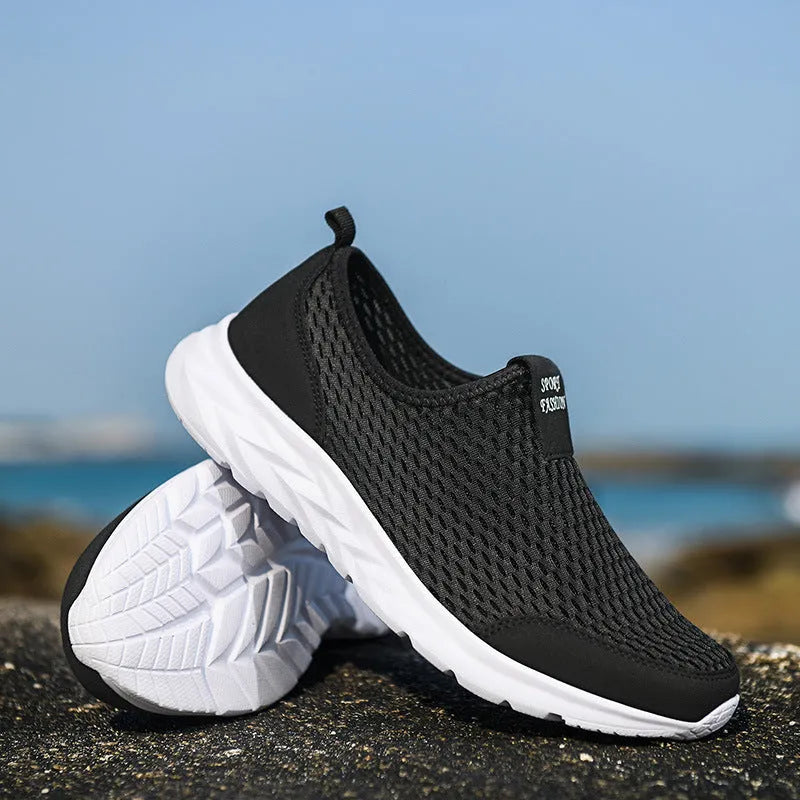 Pair of couple casual mesh shoes with PU mesh upper, hollow plaid detailing, and flat rubber sole in light gray, dark blue, black and white, or all black.