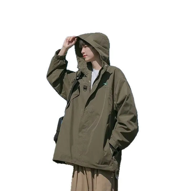 Men's windproof jacket in military green, loose fit, hooded, long sleeves, polyester, casual coat for autumn.