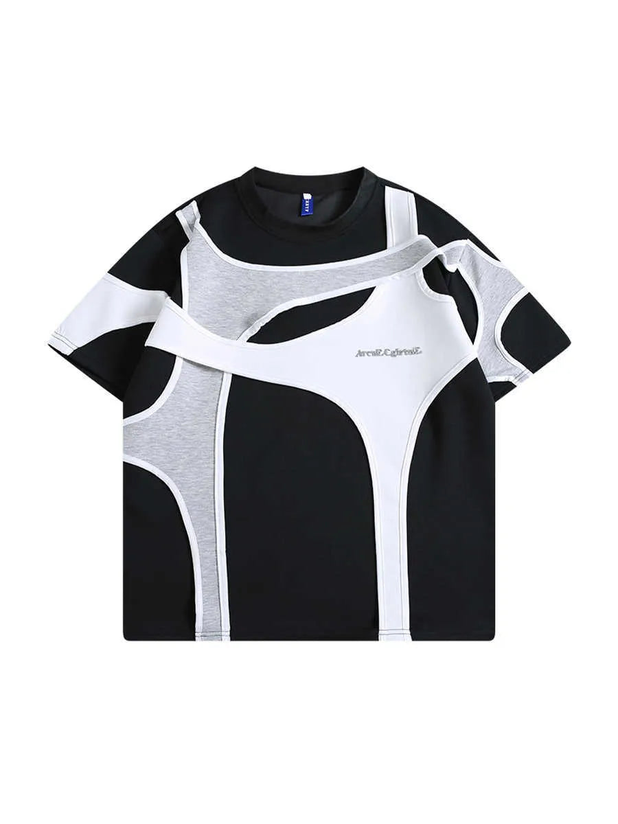 Black short sleeve t-shirt on a hanger showing round neck and double-stitched padded shoulder straps.