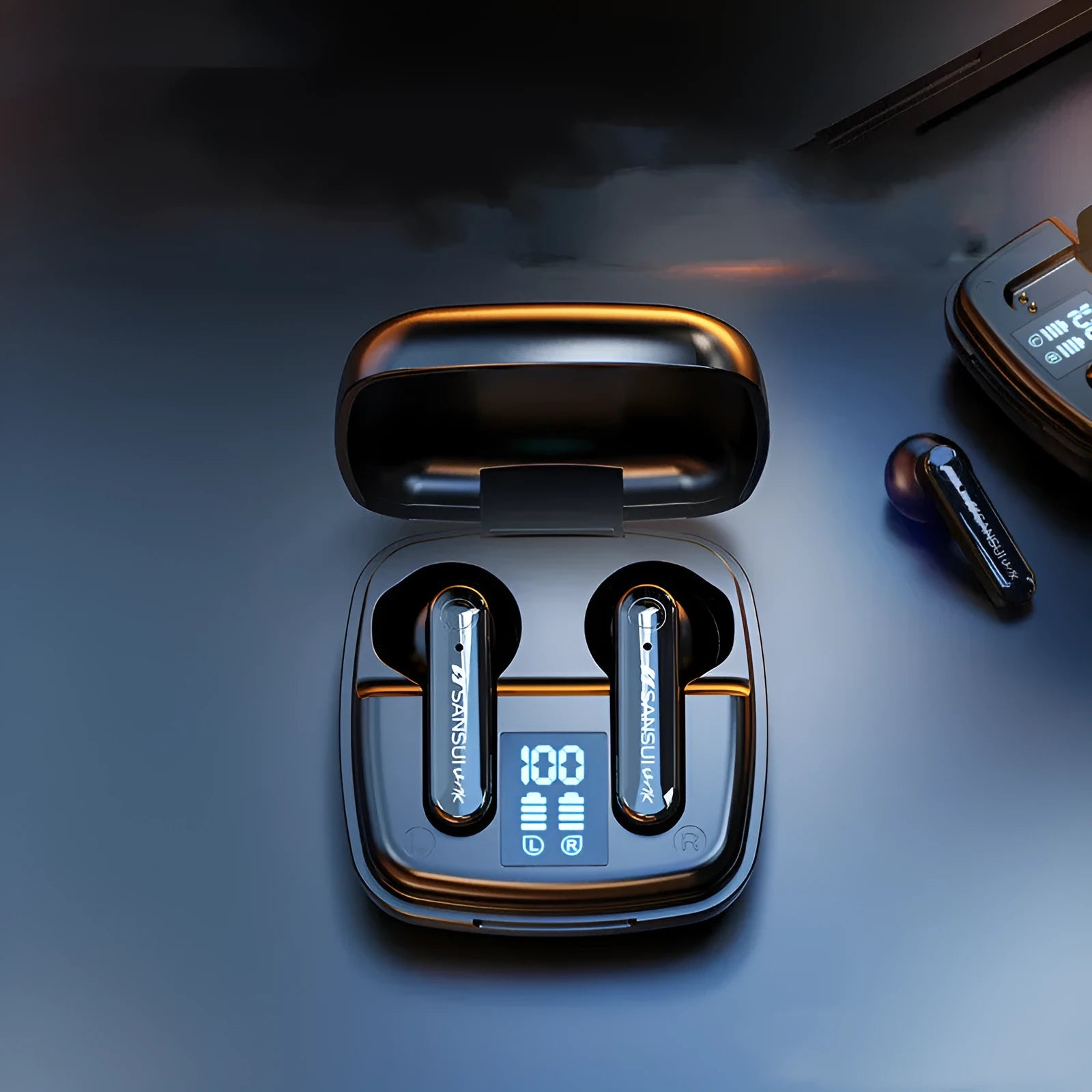 Pair of black semi-in-ear wireless Bluetooth earphones showing battery display.