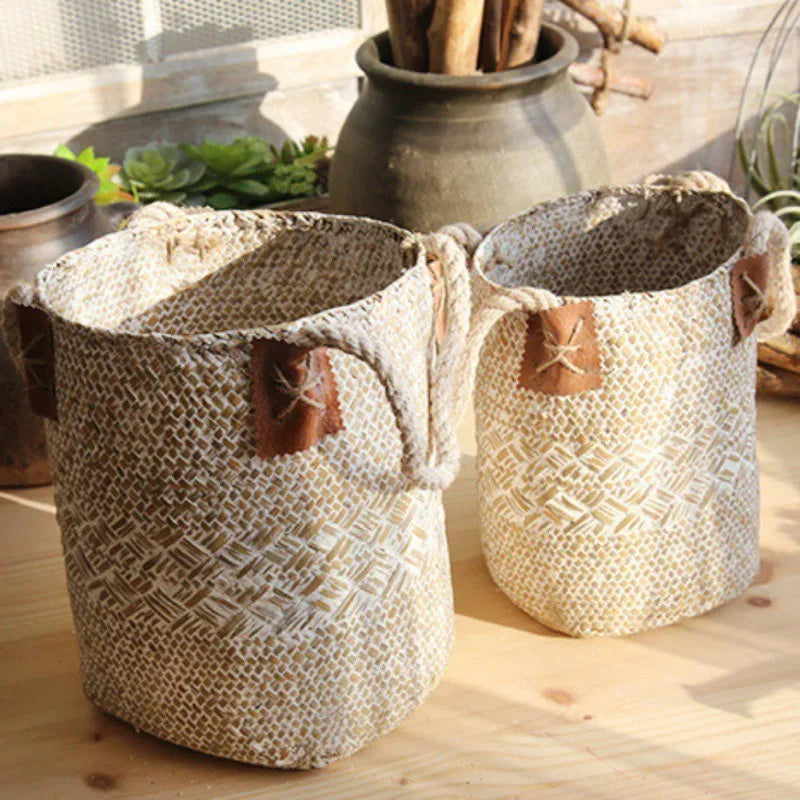 Hand woven seagrass basket in natural brown, multipurpose storage for fruits and vegetables, two sizes available