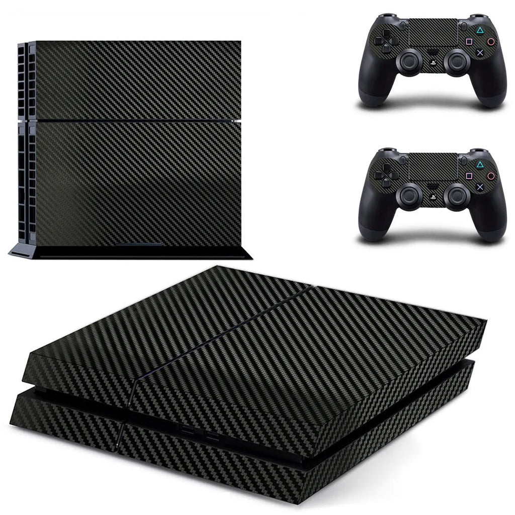 PS4 console with applied carbon fibre style vinyl decal in black, showing smooth, bubble-free coverage.