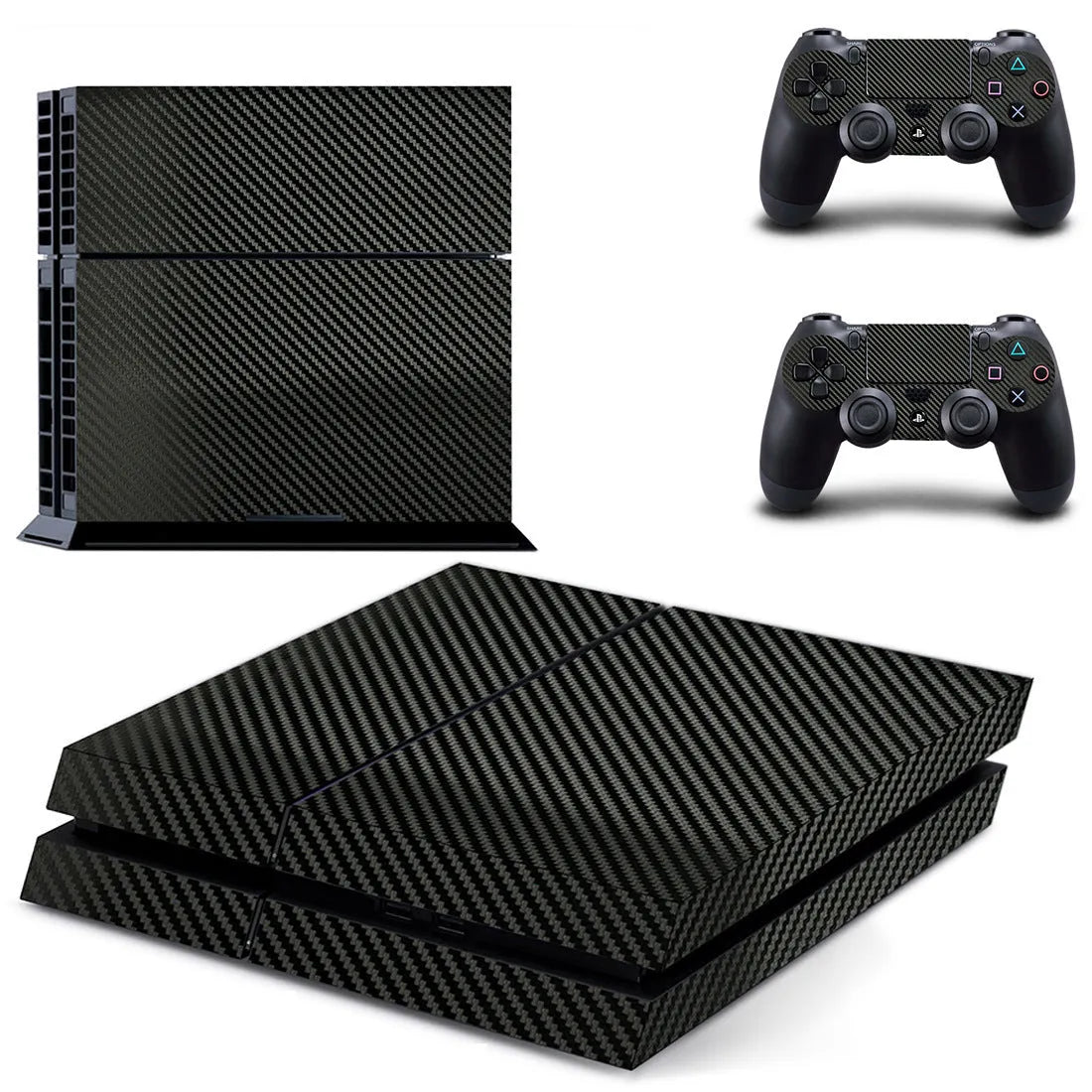 PS4 console with applied carbon fibre style vinyl decal in black, showing smooth, bubble-free coverage.