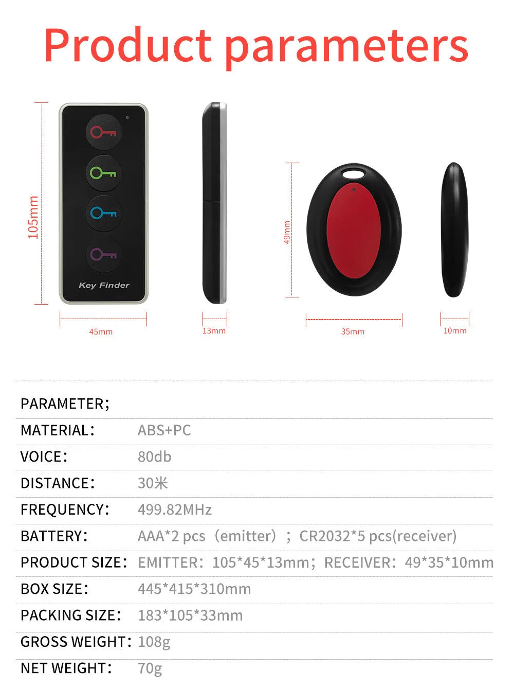 Wireless key locator one-to-four system with black emitter and four receivers, 40 metre range
