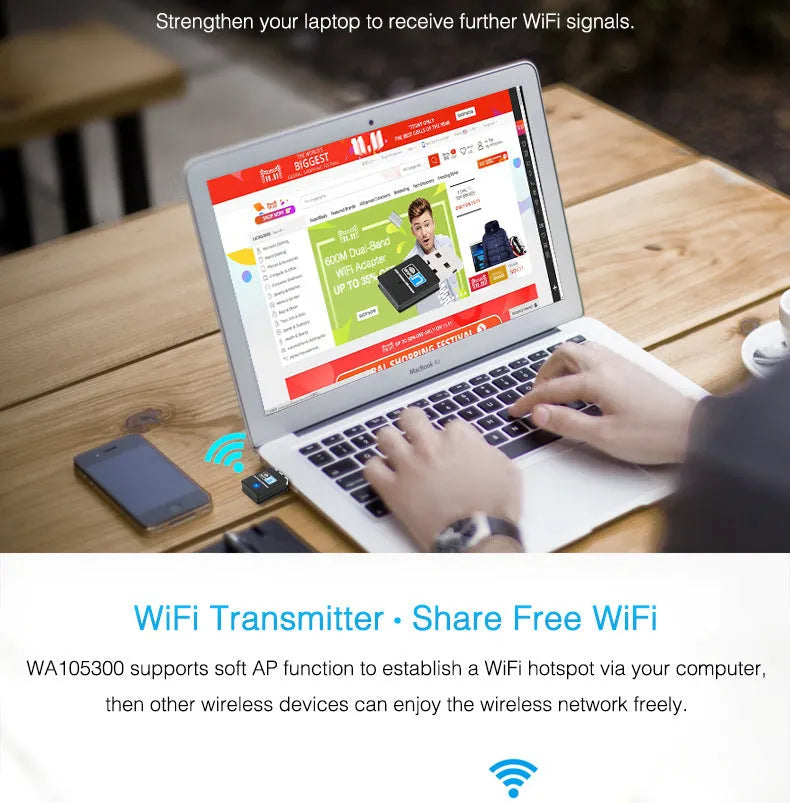 Black 300M mini USB WiFi adapter with RTL8192EU chip, measuring 3.3 x 1.5 x 0.7cm, for Windows, Linux and MAC OS