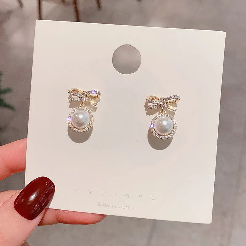 Bow pearl simple micro stud earrings white copper electroplated bowknot gemstone stud earrings