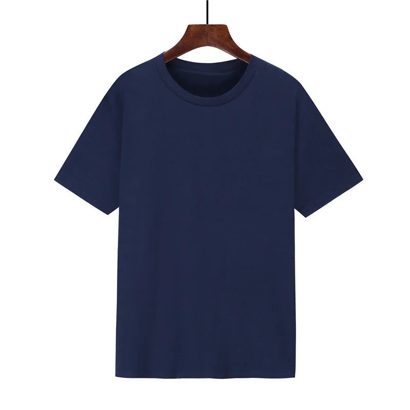 Men's loose fit short sleeve cotton T-shirt shown in multiple colour options on a size chart background.