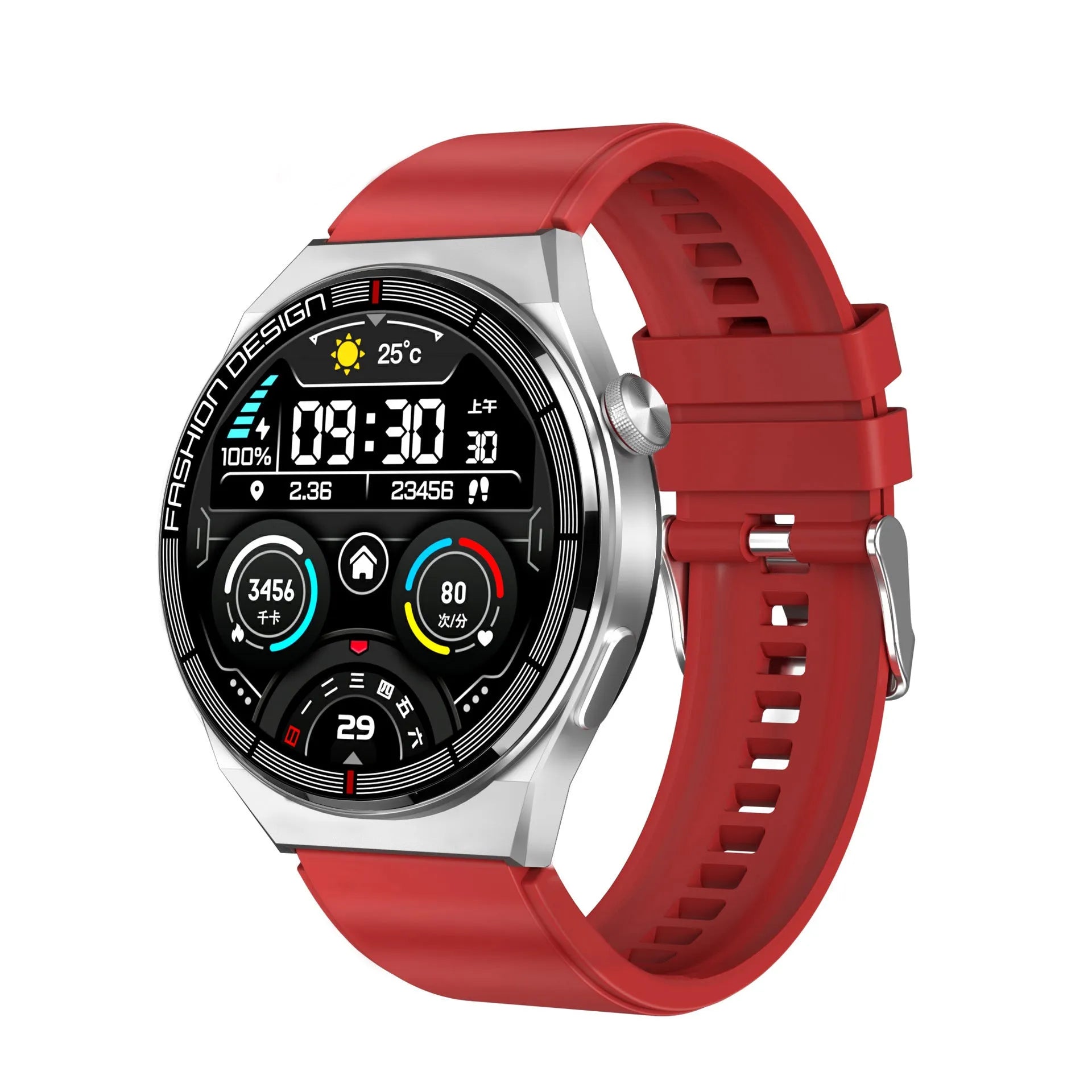 Black Bluetooth smartwatch with NFC on a wrist, showing heart rate data on its 1.28-inch screen.