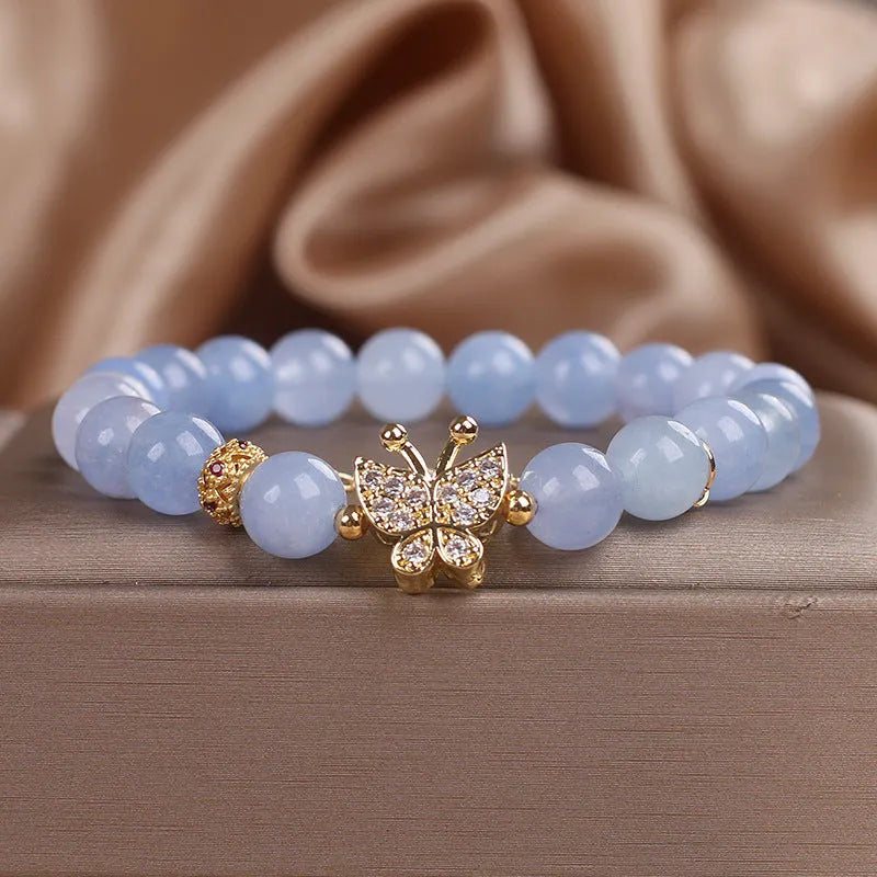 Sky blue aquamarine butterfly crystal bracelet for women with pearls, rhinestones and sequins