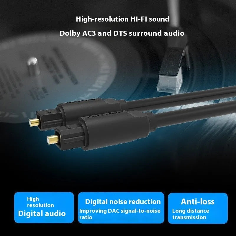 Black fiber optic audio cable with gold-plated connectors, shown in lengths from 1 m to 5 m