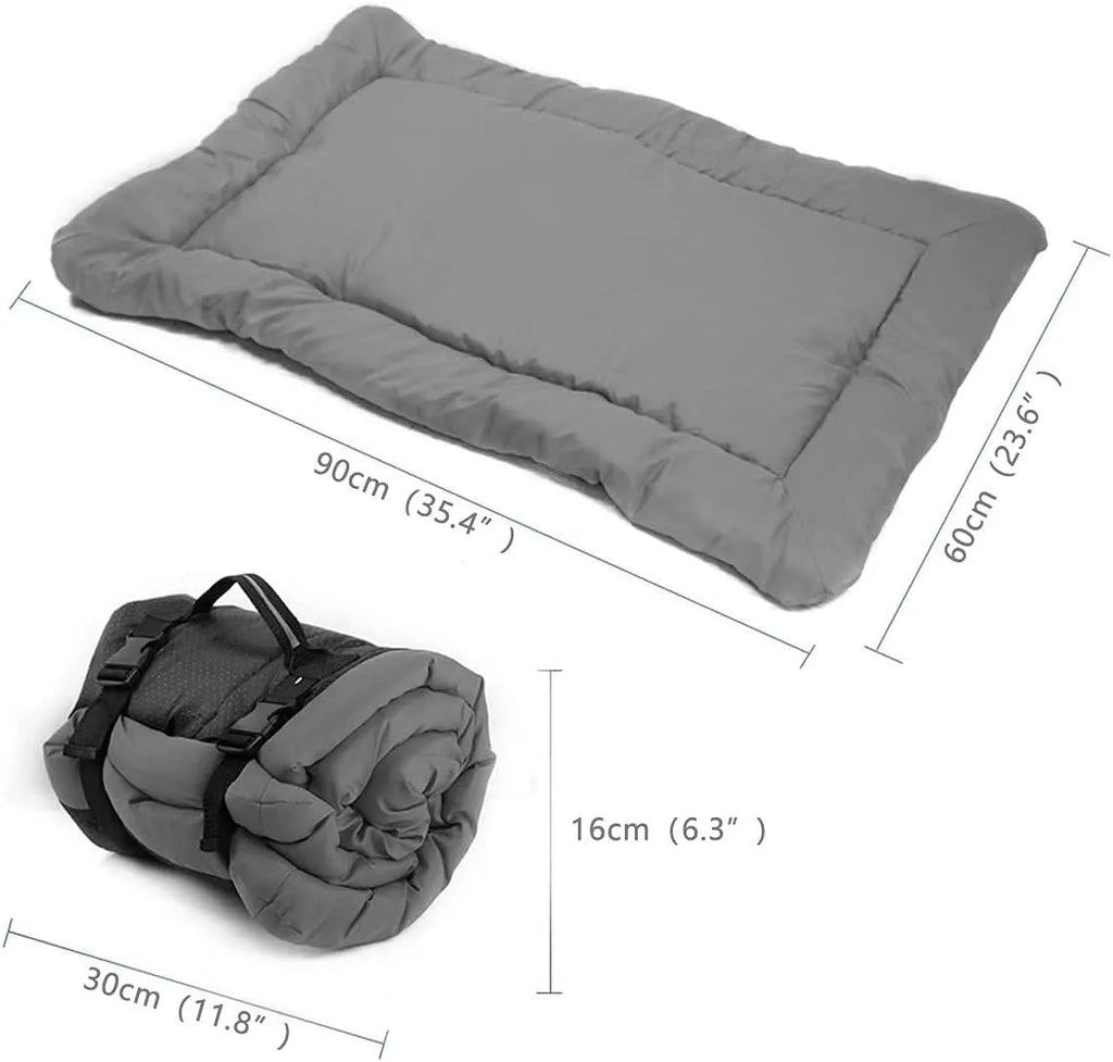 Blue foldable waterproof dog bed shown both open and folded with nylon buckles, on grass.