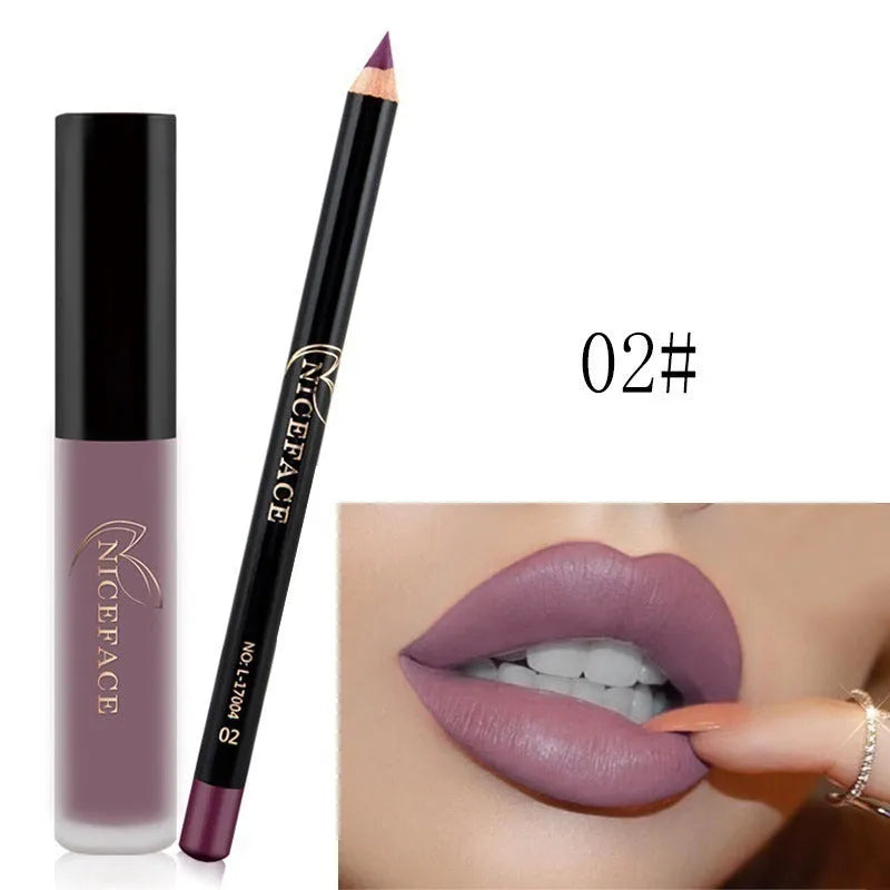 Matte lip gloss 5g and soft lip pencil 0.8g set in 12 colours with non-stick cup finish