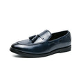Men's tassel slip-on shoes, low top artificial PU upper, black brown blue, sizes 38 to 46