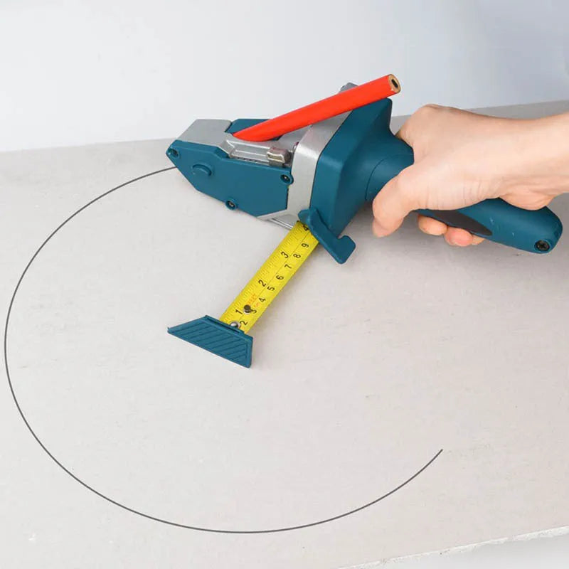 Blue aluminium and TPR woodworking cutter with tape measure for dust-free sheet material cutting.