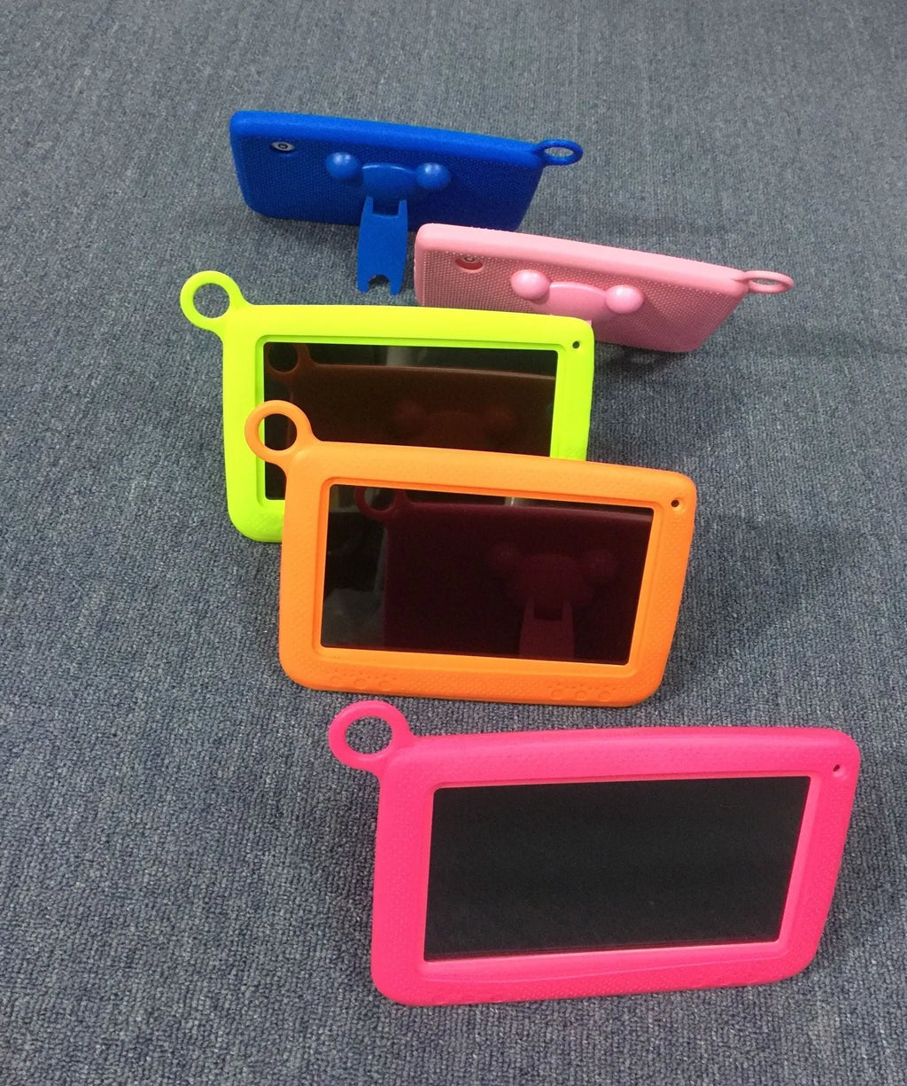 Children's tablet with 7-inch multi-touch screen, 8GB storage, 512MB RAM, ABS plastic shell, available in black, purple, and red.