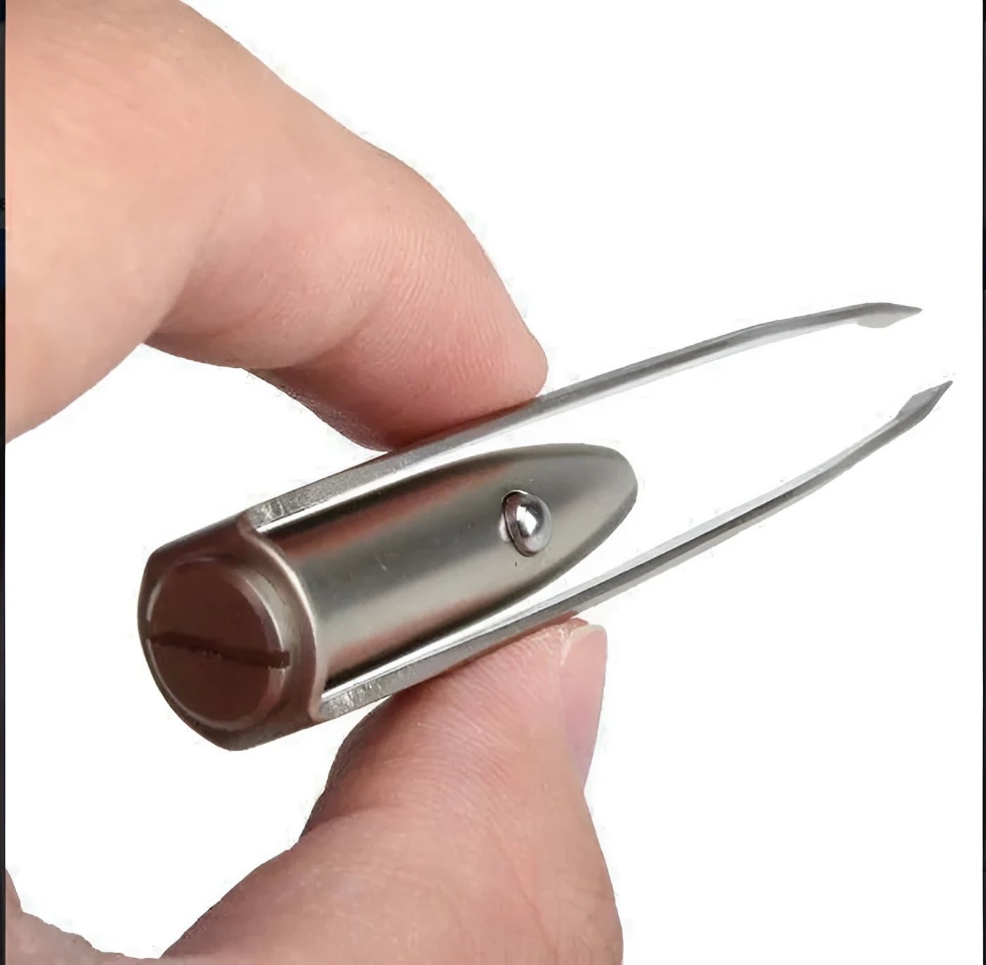 Stainless steel LED beauty tweezers with a push-button switch and built-in light for eyebrow grooming.