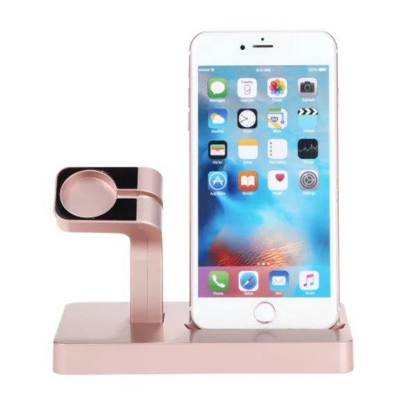 White 2-in-1 desktop charging dock station holding an iPhone and an Apple Watch.
