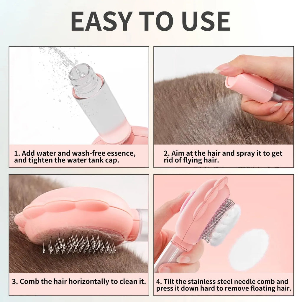 Grey spray cat brush with release button for grooming dogs and cats.