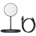 Swan black magnetic wireless charging stand holding an iPhone with a visible cable.