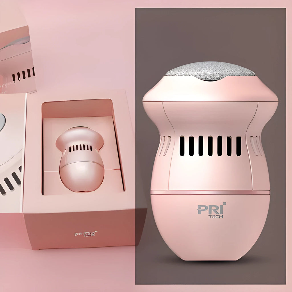Beige electric foot file grinder with vacuum system and USB charging cable