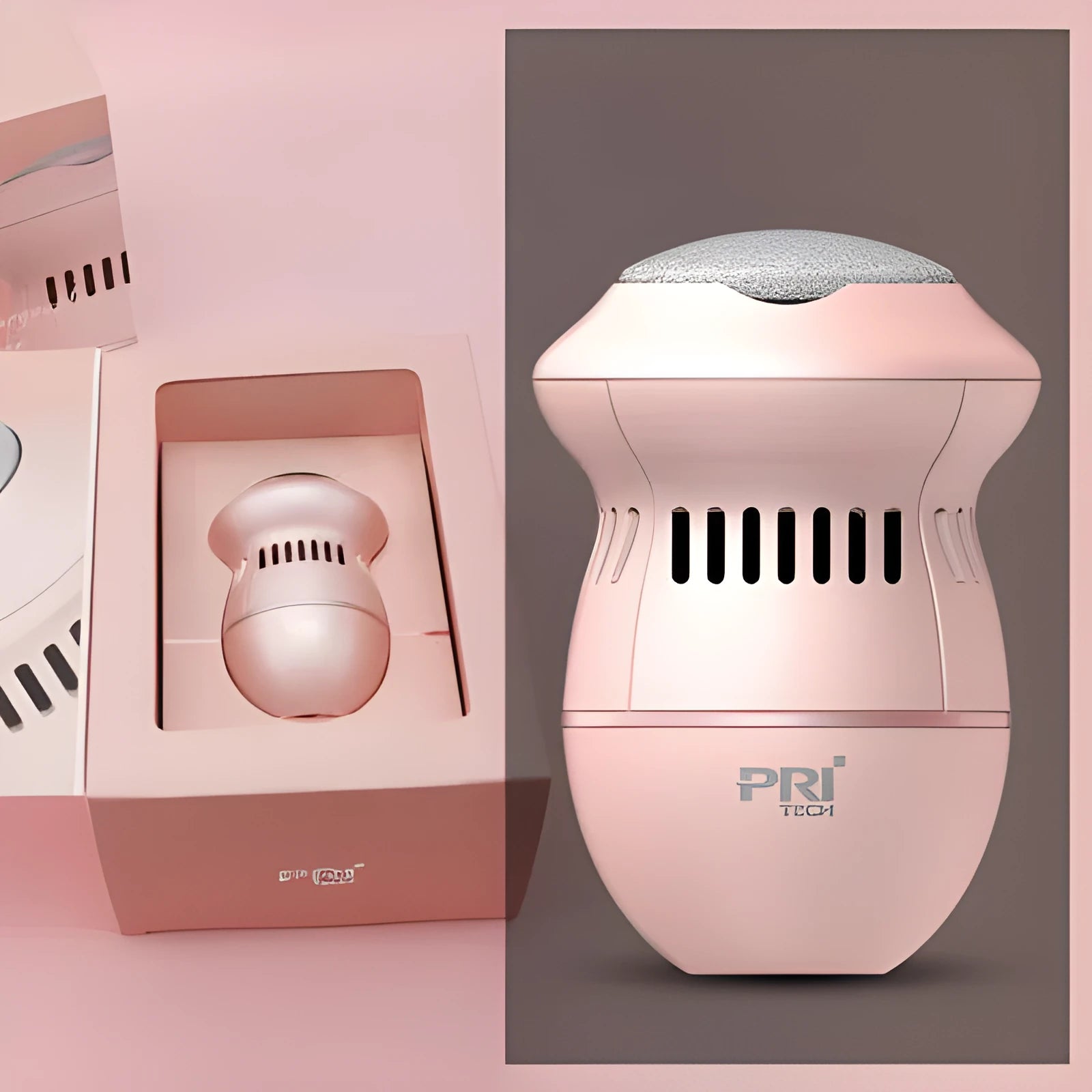 Beige electric foot file grinder with vacuum system and USB charging cable