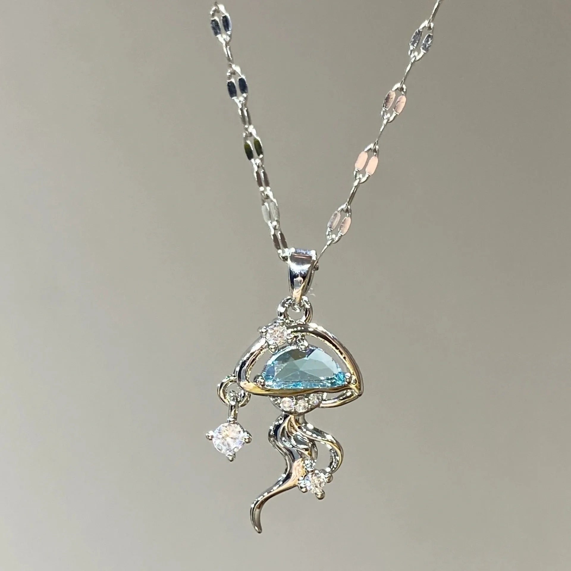 S925 sterling silver blue jellyfish pendant necklace on 41-50cm adjustable chain with white gold finish