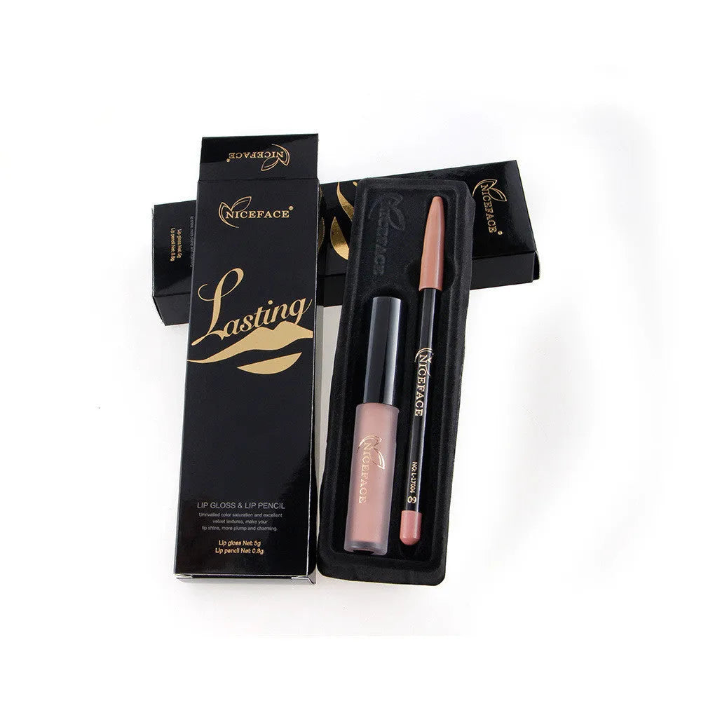 Matte lip gloss 5g and soft lip pencil 0.8g set in 12 colours with non-stick cup finish