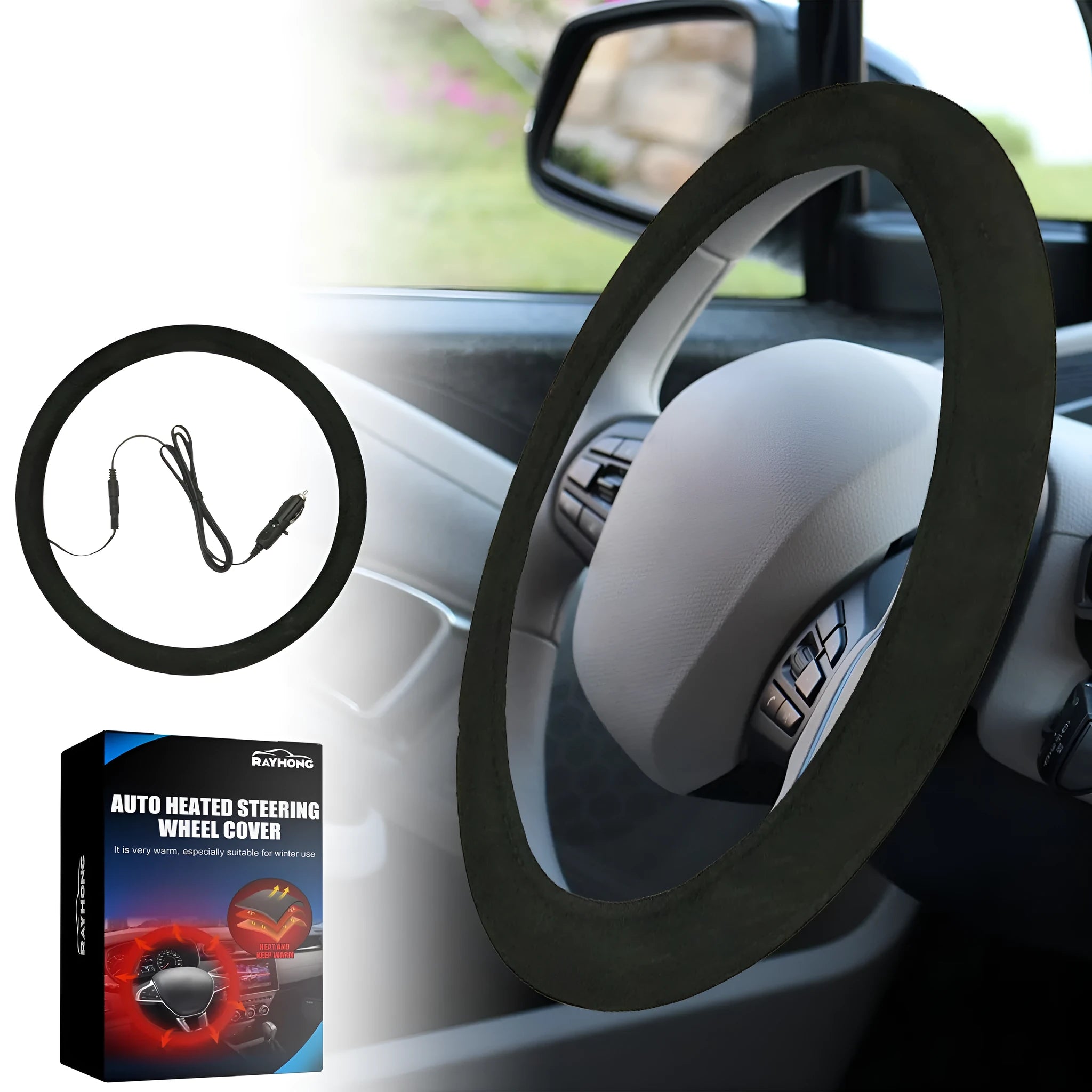 Black suede automobile steering wheel heating sleeve with power lines