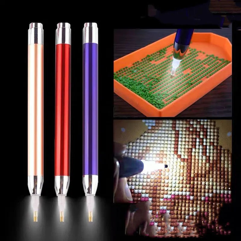 Luminous aluminium alloy drill pen for diamond painting in blue, gold or red colours