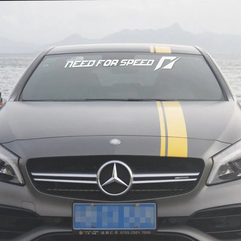 Need For Speed windshield and side car sticker decal in white, rose, or silver, showing 55cm and 90cm length options.