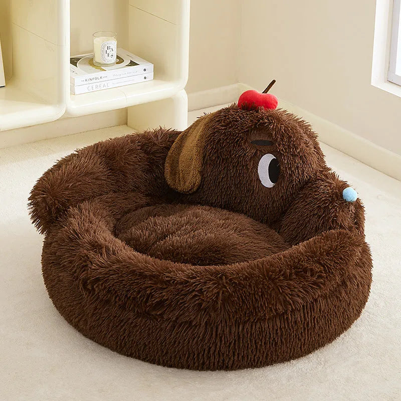 Plush grey sofa bed for small dogs and cats with raised sides, shown in medium and large sizes.