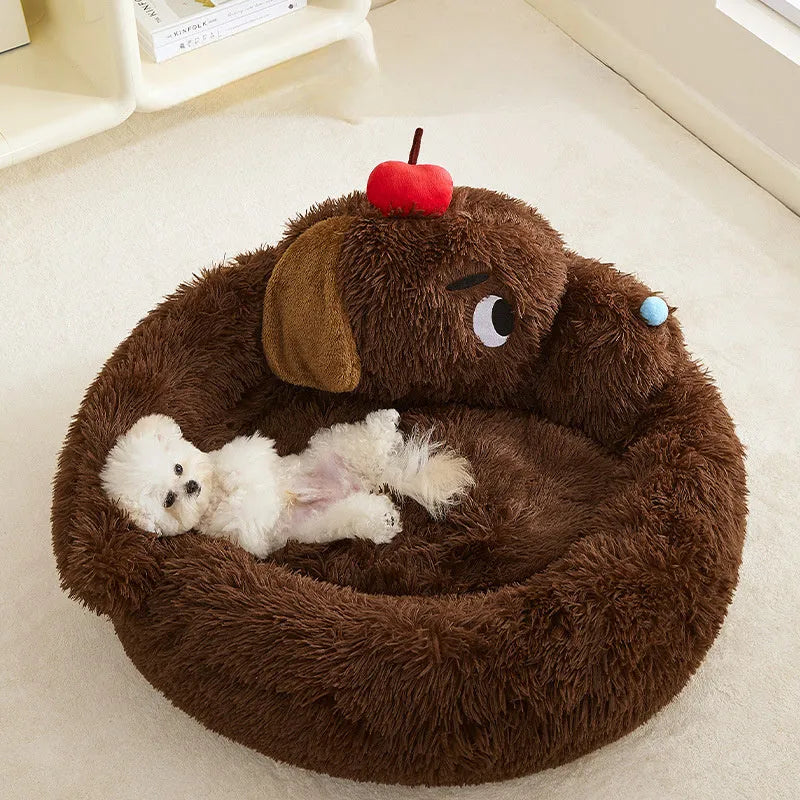Plush grey sofa bed for small dogs and cats with raised sides, shown in medium and large sizes.