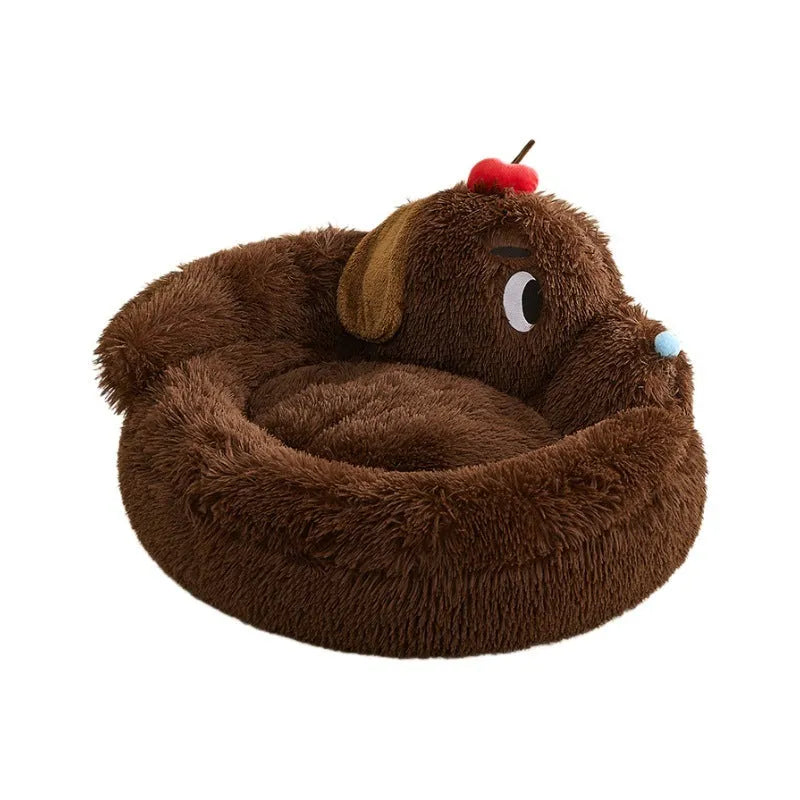 Plush grey sofa bed for small dogs and cats with raised sides, shown in medium and large sizes.