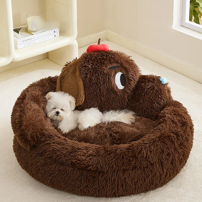 Plush grey sofa bed for small dogs and cats with raised sides, shown in medium and large sizes.