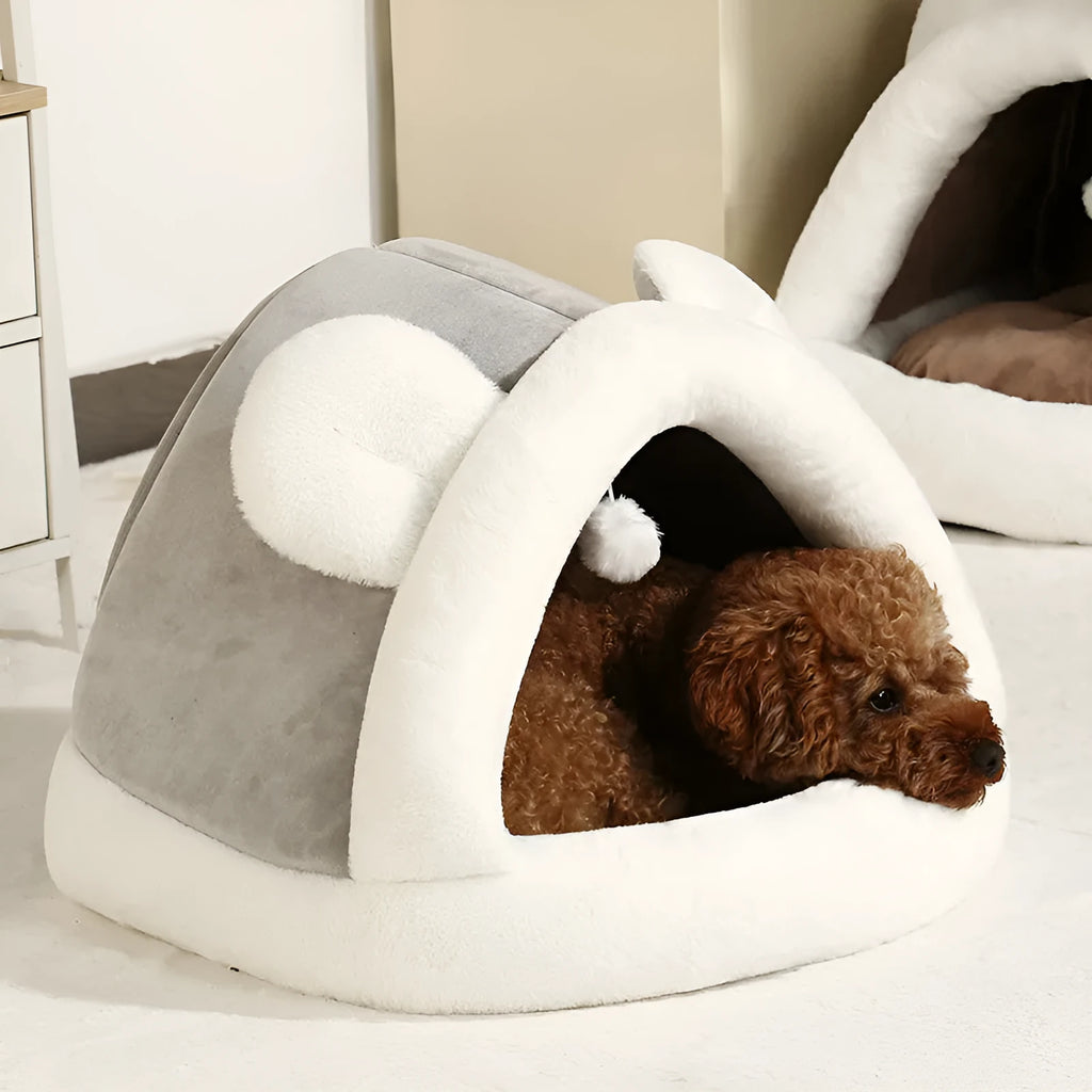 Self-warming fleece pet tent cave bed for cats and small dogs in coffee colour