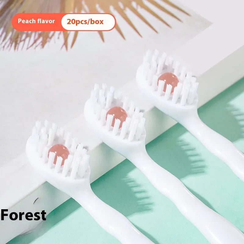 Box of individually wrapped disposable bead toothbrushes in mint, peach, and green tea flavours.