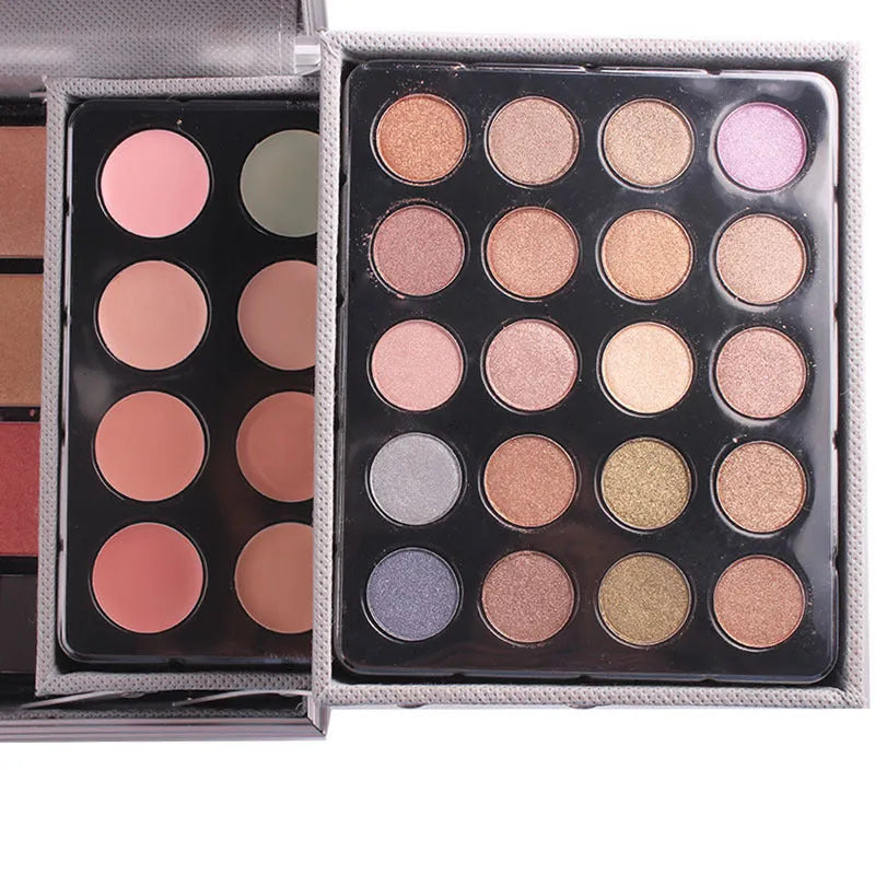 Multifunctional makeup kit case with 94 colour eye shadows, concealers, lipsticks, and blushers in earth tones and national fashion colours.
