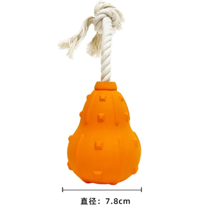 Natural rubber stuffable dog toy for small dogs, shown with a longer strap for fetching and tugging.