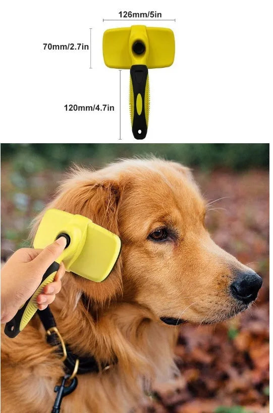 Retractable pet comb with stainless steel needles, ABS and TPR, 19x12.6cm, green and yellow