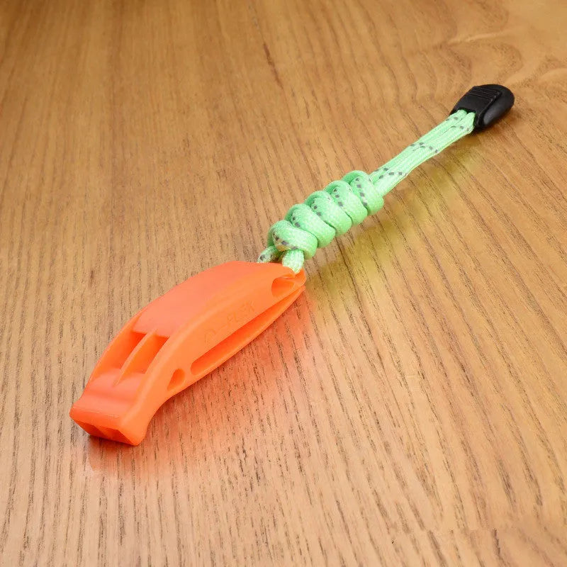 Fire survival whistle in black or orange, high impact plastic, 7.2cm x 2cm, with 10cm or 50cm lanyard