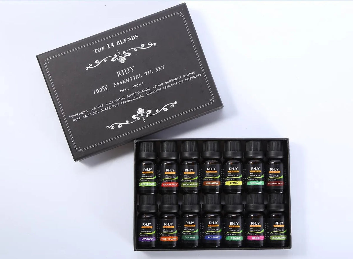 Aromatherapy essential oil set with 14 x 10ml bottles in 14 fragrances including lavender, lemon, and eucalyptus.
