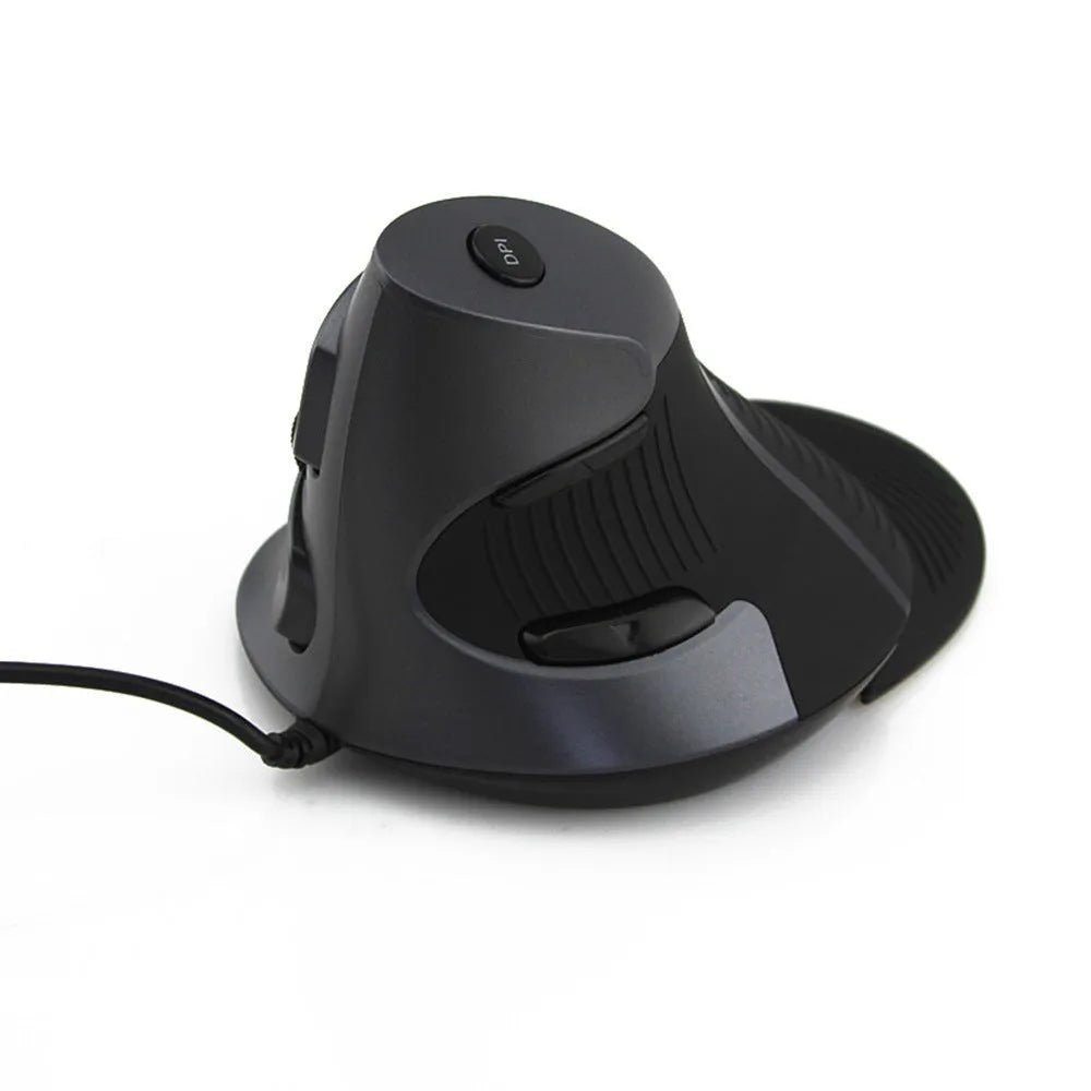 Black and white vertical ergonomic mouse with wired USB connection for desktop computers