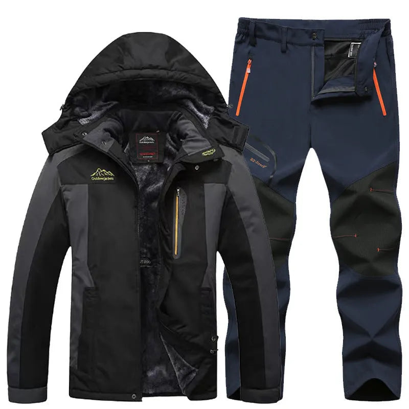 Men's windproof jacket and trousers set in army green, polyester fabric, with waterproof rating 5001-10000mm, for outdoor hiking and camping