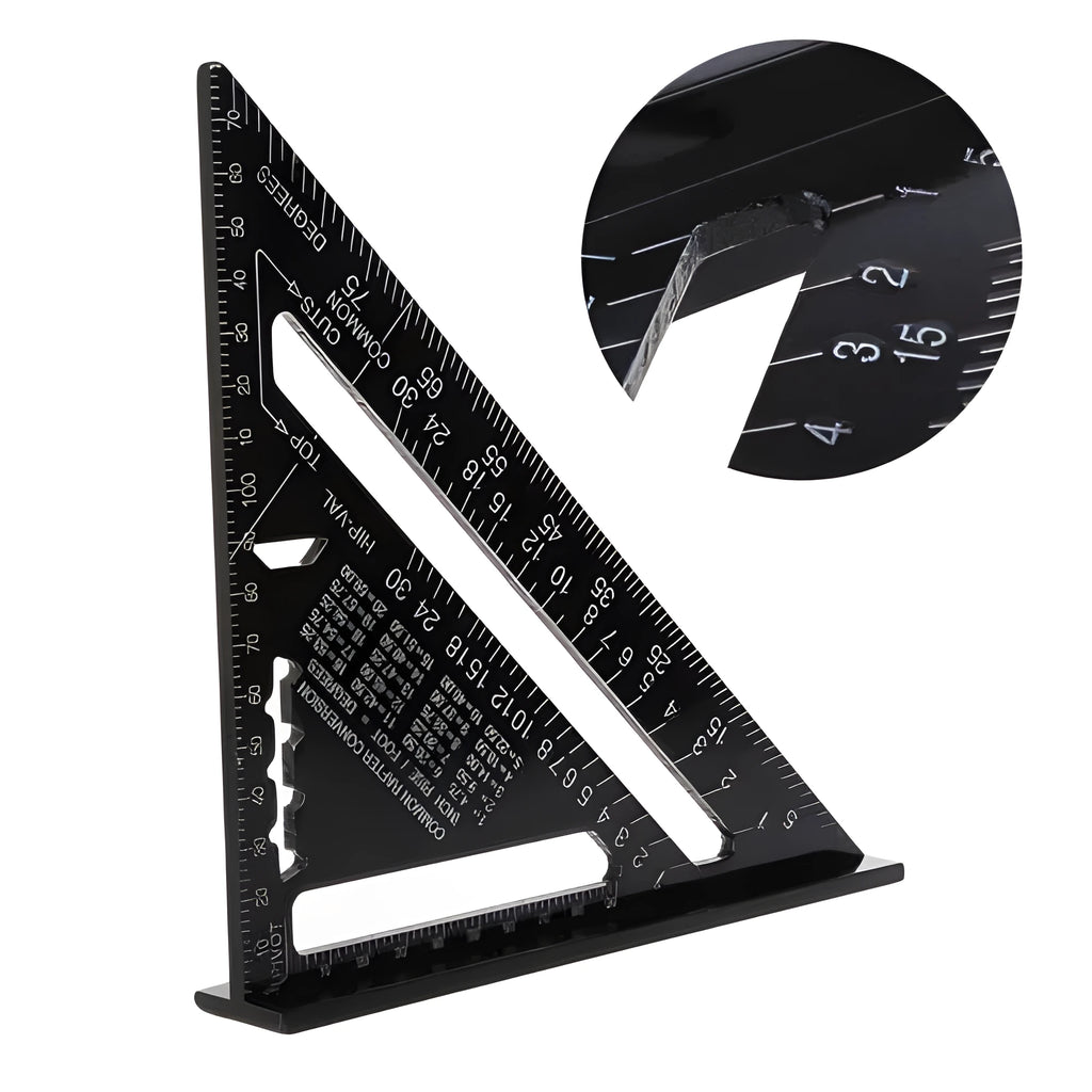 Black aluminium triangle ruler square showing 90-degree and 45-degree angles with measurement markings